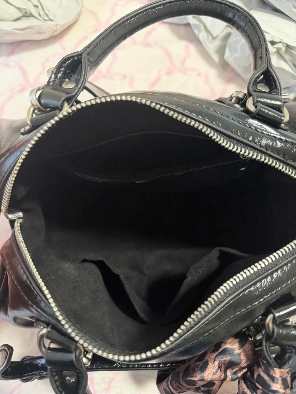 Steve Madden Black Patent Leather Satchel with Leopard Scarf